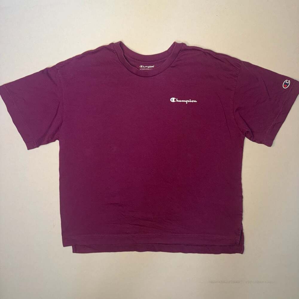 Champion Women's Maroon Script Logo Boxy Cropped T-Shirt Size L